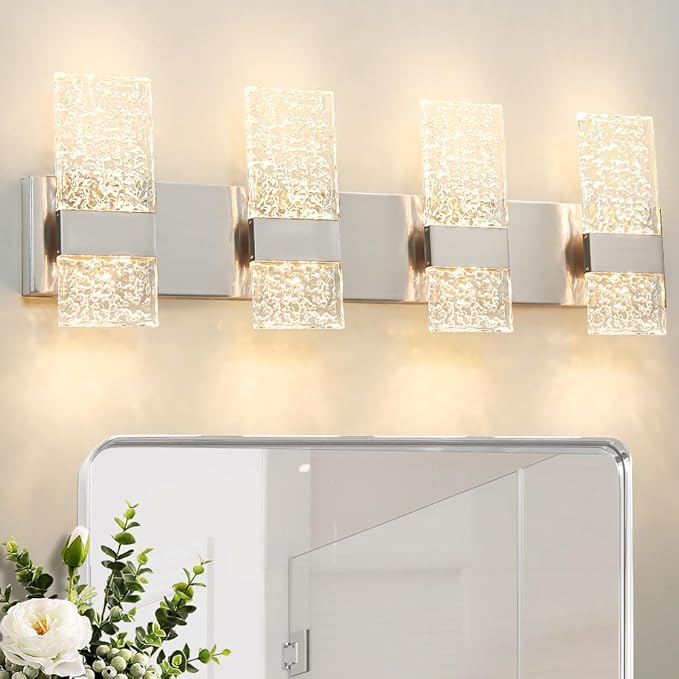 Modern Brushed Nickel 4 Lights Bathroom Vanity Light, Eleglant Nickel LED Bathroom Light Fixtures over Mirror, Dimmable Acrylic Shade Wall Lighting Fixtures, Hardwired Wall Light(H9.25in, L28.35in)