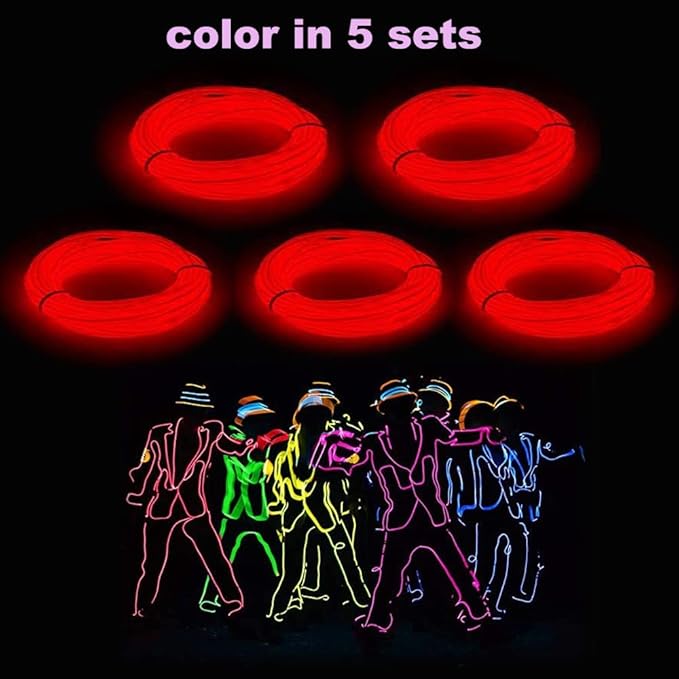 MaxLax EL Wire Red 5-Pack, 9ft/2.75m Neon Light Wire with Noise Reduction and Battery Pack…