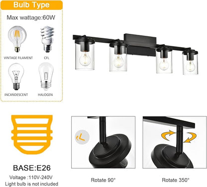 BONLICHT Ceiling Spotlights Track Lighting Kit 4 Light Bathroom Vanity Lighting Black Modern Multi-Directional Ceiling Mount Fixture Industrial Farmhouse Sconces Wall Mount Lamp with Clear Glass Shade