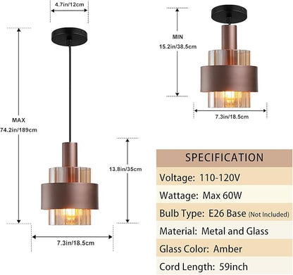 Modern Pendant Light Kitchen Island, 7.3" Mini Hanging Lamp Over Sink, Adjustable Cord Chandelier Ceiling Lighting Fixtures with Amber Glass Lampshade