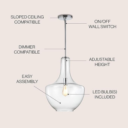 JONATHAN Y 13.25" Chrome/Clear Mid-Century Modern 1-Light LED Pendant Light Fixture, Adjustable Schoolhouse Hanging Lamp for Kitchen Island, Clear Glass Shade, LED Bulb Included (JYL6401A)