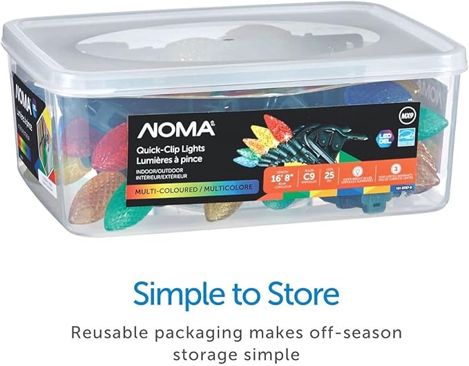 NOMA C9 LED Quick Clip Christmas Lights | Built-in Clip-One String Lights | 24 Multi-Color Bulbs | 16inch Foot Strand