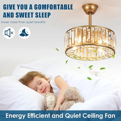 18.2" Crystal Caged Ceiling Fan with Light 4-Light Modern Fandelier Lighting Gold Ceiling Fan with Lights Reversible Remote Ceiling Fan Chandelier for Bedroom Living Room Dining Room Kitchen
