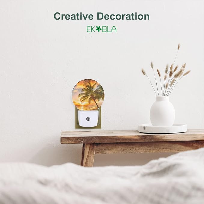 EKOBLA Sunset Beach Plug-in Night Light, Summer Seaside & Palm Tree LED Nightlight with Auto Sensor for Home Decor