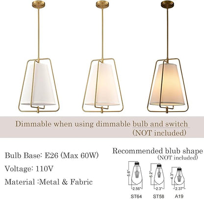 HYDELITE Vintage Gold Pendant Light with White Linen Fabric Adjustable Height Chandelier Brass for Living Room,Dining Room,Kitchen Island,Hallway