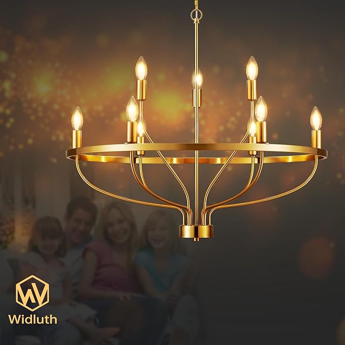30" Modern Gold Chandelier Light Fixture Vintage 9-Lights Mid Century Modern Candle Style Chandeliers Rustic Industrial Golden Chandelier for Dining Room, Kitchen Island, Living Room, E12