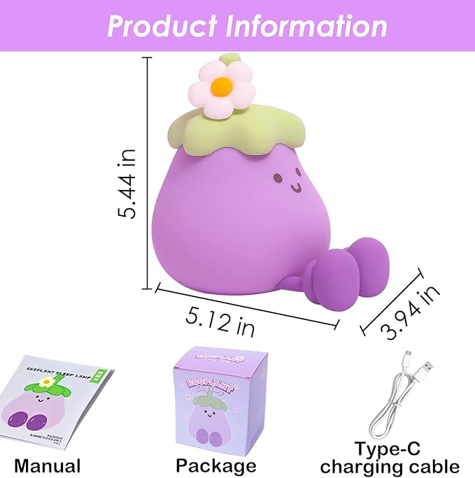 LED Eggplant Night Light for Kids, 3 Level Dimmable Nightlight, Cute Silicone Squishy Touch Lamp, Rechargeable Bedside Lamp for Bedroom Decor, Boys and Girls Gift (Eggplant)