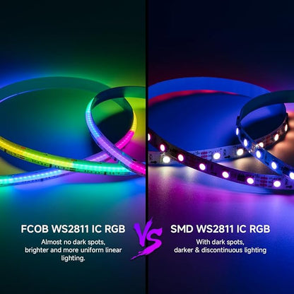 BTF-LIGHTING FCOB IP66 WS2811 IC RGB COB LED Strip 864LED/m Flexible High Density Color Chasing Uniform Light DC24V 16.4FT 24IC/m 12mm Width for Lighting Project(No Adapter or Controller)