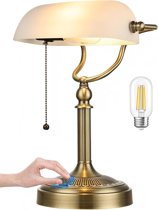 White Matted Glass Bankers Desk Lamp, Stepless Dimmable Table Lamp Plug in Fixture for Study, Home Office,Library, LED Bulb Included