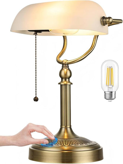 White Matted Glass Bankers Desk Lamp, Stepless Dimmable Table Lamp Plug in Fixture for Study, Home Office,Library, LED Bulb Included
