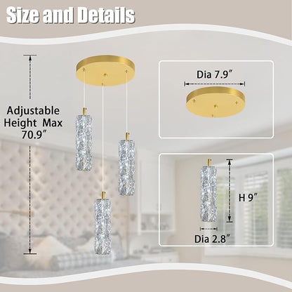 ykolupty 3-Light Gold Chandelier with Dimmable Ceiling Light Crystal Pendant Light for Kitchen Island, Dining Room, Living Room, Entry Hallway
