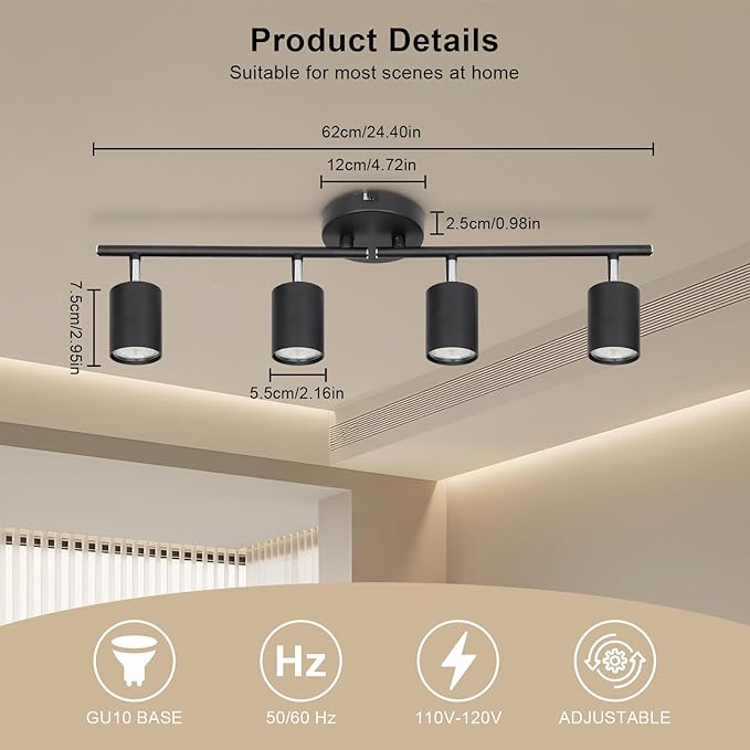 Ketom 4-Light Track Lighting Fixtures Ceiling, GU10 Black Led Ceiling Spotlight, Modern Track Light Kit for Kitchen Hallway Living Room