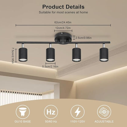 Ketom 4-Light Track Lighting Fixtures Ceiling, GU10 Black Led Ceiling Spotlight, Modern Track Light Kit for Kitchen Hallway Living Room