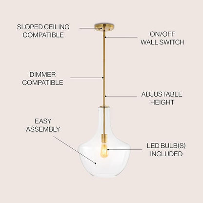JONATHAN Y 13.25" Brass Gold/Clear Mid-Century Modern 1-Light LED Pendant Light Fixture, Adjustable Schoolhouse Hanging Lamp for Kitchen Island, Clear Glass Shade, LED Bulb Included (JYL6401C)
