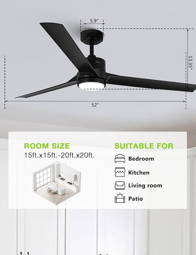 Ceiling Fans with Lights and Remote, 60 Inch Black Low Profile Ceiling Fan with Light, Modern Outdoor Ceiling Fan for Bedroom Living Room Patio, Fandelier Chandelier Style, Quiet DC Motor, 3CCT LED