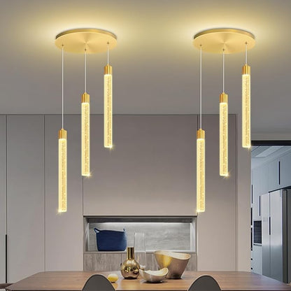 Led Crystal Column Chandelier for Dining Room 3-Light Gold LED Pendant Light for Kitchen Island Foyer Entryway Dimmable Hanging Pendant Lighting 2700K-6000K