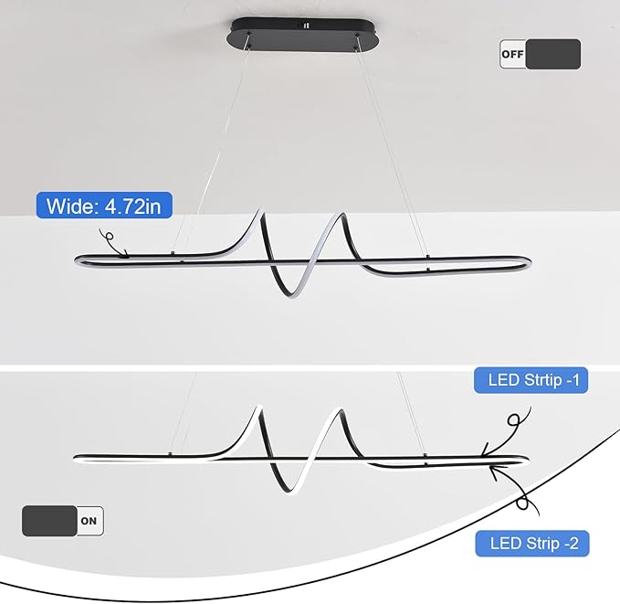 Black Modern Chandelier, 43.30" Large Modern Led Pendant Light for Kitchen Island with Remote,Dimmable Led Chandelier for Dining Room Adjustable Height Ceiling Hanging