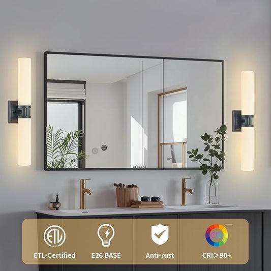 Black Wall Sconces Set of Two, Modern Bathroom Sconce with Frosted Glass, Hardwired Wall Light Fixtures for Bathroom Living Room Bedroom Hallway (Bulbs Not Included)