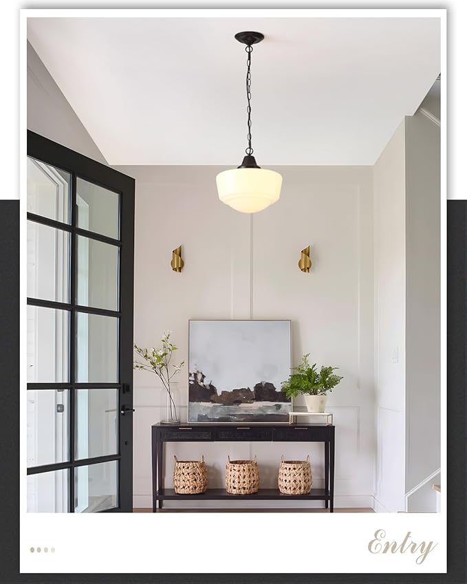 Schoolhouse Pendant Fixture, 12 Inch Black Finish with Milk Glass Adjustable Mid Century Ceiling Pendant Lighting, Pendant Light Fixtures for Kitchen Hallway Entrywa Dining Room…