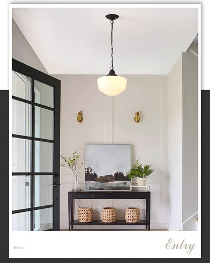 Schoolhouse Pendant Fixture, 12 Inch Black Finish with Milk Glass Adjustable Mid Century Ceiling Pendant Lighting, Pendant Light Fixtures for Kitchen Hallway Entrywa Dining Room…