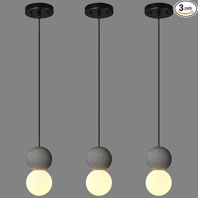 Modern Black 1-Light Concrete Pendant Light Kitchen Island Ceiling Light Fixture White Glass Globe Ball Pendant Lighting for Dining Room Coffee Club Resturant Bar Living Room(3-Pack)