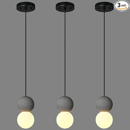 Modern Black 1-Light Concrete Pendant Light Kitchen Island Ceiling Light Fixture White Glass Globe Ball Pendant Lighting for Dining Room Coffee Club Resturant Bar Living Room(3-Pack)