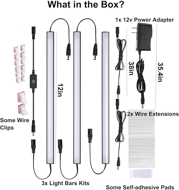 Martronic Black Under Cabinet Lighting Kits, 3-Pack 12In Dimmable LED Under Cabinet Lights Bars with 12V Power Adapter, 6000K Cool White Kitchen Under Counter Lights for Kitchen Cabinets, Book Shelves