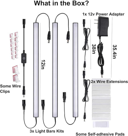 Martronic Black Under Cabinet Lighting Kits, 3-Pack 12In Dimmable LED Under Cabinet Lights Bars with 12V Power Adapter, 6000K Cool White Kitchen Under Counter Lights for Kitchen Cabinets, Book Shelves