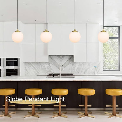 XiNBEi Lighting 8" Globe Pendant Light, Mid Century Brass Pendant Light with White Globe Glass Adjustable Hanging Fixtures for Kitchen Island Living Room XB-P1211-SB