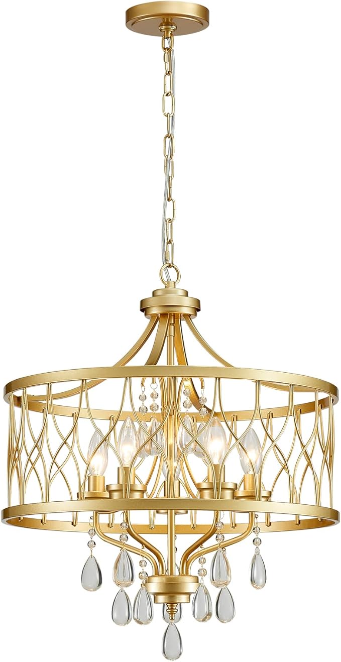 Gold Crystal Chandelier, 5-Light Modern Farmhouse Chandelier for Dining Room Vintage Hanging Pendant Light Fixtures, Gold Round Chandelier for Kitchen Island Entryway Foyer Bedroom Office Bar