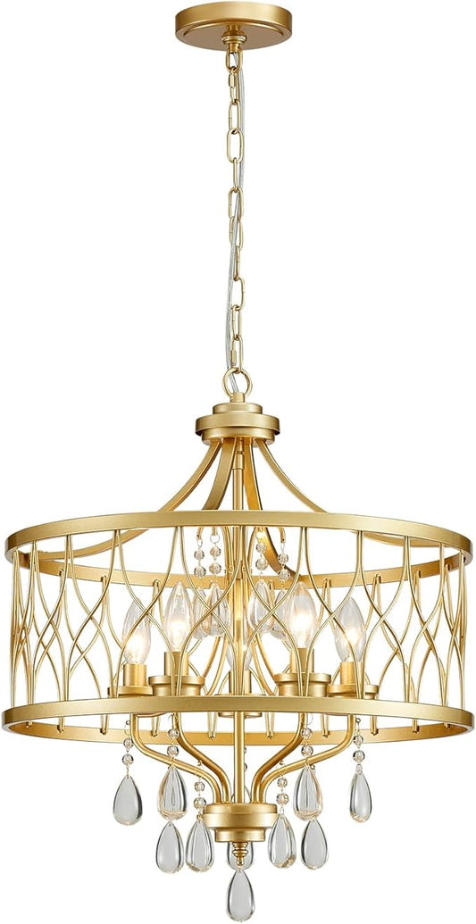 Gold Crystal Chandelier, 5-Light Modern Farmhouse Chandelier for Dining Room Vintage Hanging Pendant Light Fixtures, Gold Round Chandelier for Kitchen Island Entryway Foyer Bedroom Office Bar