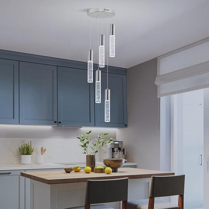 Modern Crystal Chandelier for Kitchen Island 5-Lights, Elegant Chrome LED Bubble Pendant Lighting Fixture for Dining Room Bedroom Entryway