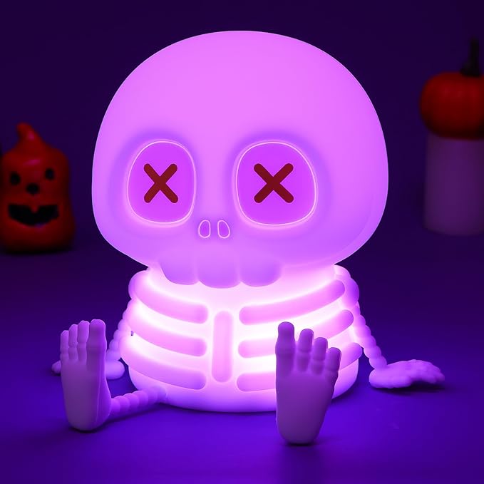 Skull Night Light, Cute Skeleton Lamp, Silicone LED Color Changing & Dimmable Helloween Room Summerween Party Decor, Squishy Rechargeable Bedside Nightlight for Christmas Birthday Gifts
