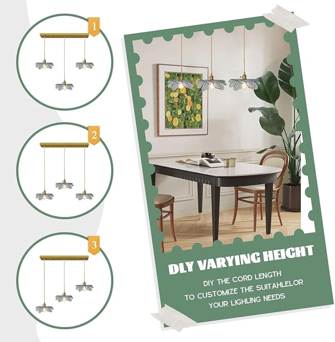 3-Light Flower Pendant Lamp Gold Dining Room Ceiling Pendant Light Fixtures with Dark Green Glass Leaf Shades, Cluster Pendant Light for Kitchen Bathroom Cafe Restaurant