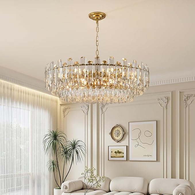 31.5" Gold Crystal Chandeliers Fully Transparent Crystal Modern3-Tier Luxury Pendant Light 12-Light Ceiling Pendant Lighting for Dinning Room Living Room Foyer