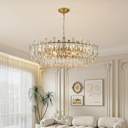 31.5" Gold Crystal Chandeliers Fully Transparent Crystal Modern3-Tier Luxury Pendant Light 12-Light Ceiling Pendant Lighting for Dinning Room Living Room Foyer