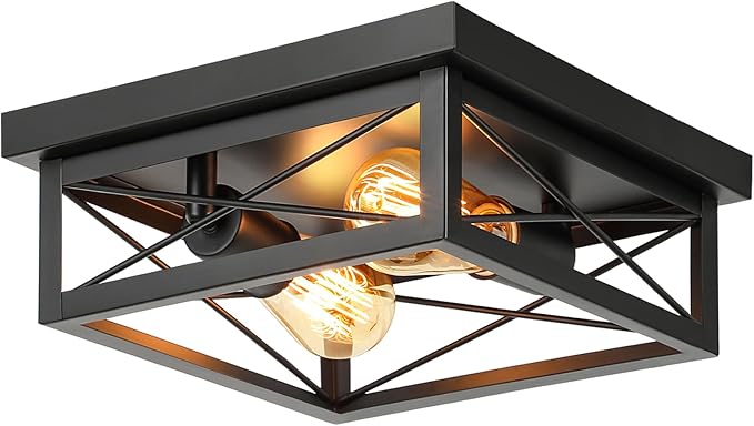Kondras 2-Light Farmhouse Ceiling Light Fixture, Industrial Square Flush Mount Ceiling Light, Modern Black Metal Hallway Ceiling Lighting Fixture for Kitchen Entryway Living Room Bathroom Porch