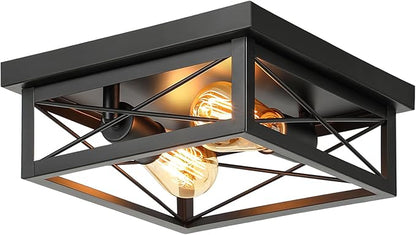 Kondras 2-Light Farmhouse Ceiling Light Fixture, Industrial Square Flush Mount Ceiling Light, Modern Black Metal Hallway Ceiling Lighting Fixture for Kitchen Entryway Living Room Bathroom Porch