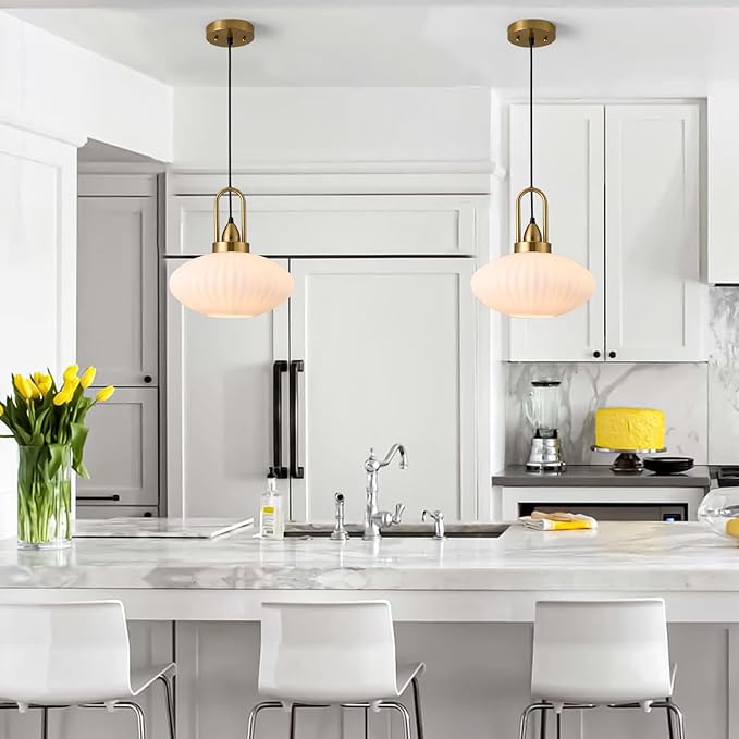 12 Inch Milk Glass Pendant Lights Vintage Chandelier Pendant Lighting Modern Mid Century Hanging Lights Adjustable Kitchen Island Light for Dining Room Bedroom Hallway