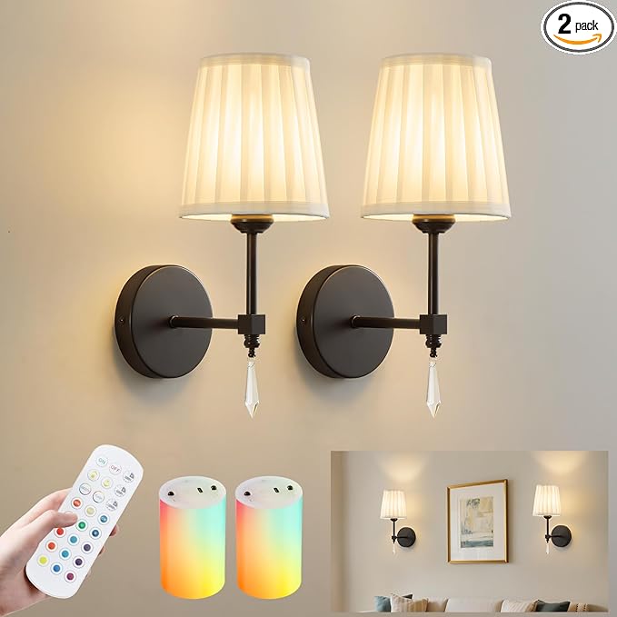 Black Battery Operated Wall Sconce,10000 Mah Rechargeable Wall Sconces set of 2 With Remote,3CCT and 12 RGB Sconces Battery Operated Dimmable,Fabric Sconces Wall Decor Set of 2 for Bedroom,Living Room