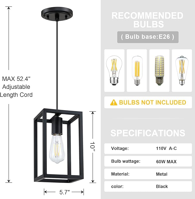 1 Light Hanging Rustic Farmhouse 5.7" Metal Lantern Cage Pendant Ceiling Light Fixture,Cafe Bar Over Sink Dining Room Bedroom Kitchen Island 3 Pack Black