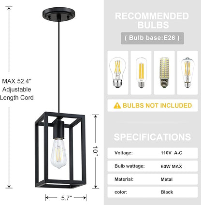 1 Light Hanging Rustic Farmhouse 5.7" Metal Lantern Cage Pendant Ceiling Light Fixture,Cafe Bar Over Sink Dining Room Bedroom Kitchen Island 3 Pack Black