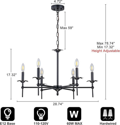 6-Light Black Farmhouse Chandelier 29in Modern Matte Candle Light Fixture Industrial Hanging Ceiling Lighting for Dining Room Over Table Kitchen Island Living Room Bedroom Foyer Entryway