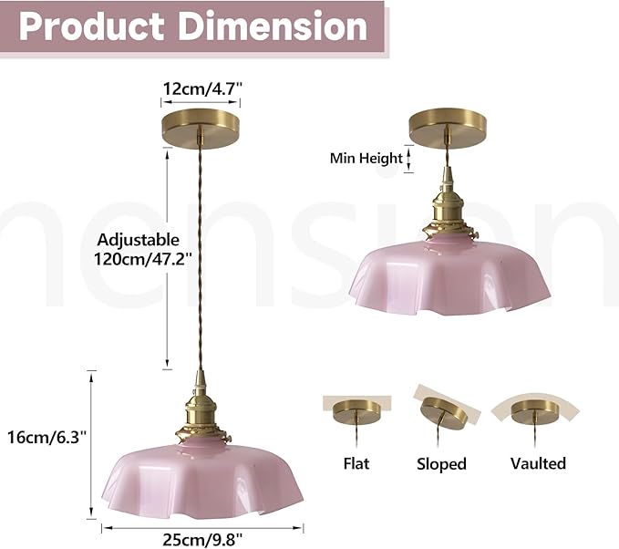 Brass Glass Pendant Lights,Mid Century Pendant Island Light,Vintage Hanging Lights for Dining Room Kitchen Bedroom Outdoor,Color Pink