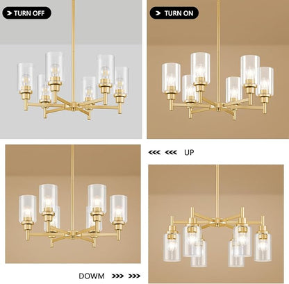 Modern Gold Chandeliers for Dining Room, 6-Light Chandelier Light Fixture with Clear Glass Shades, Metal Hanging Pendant Lighting for Living Room, Kitchen, Staircase, Entryway