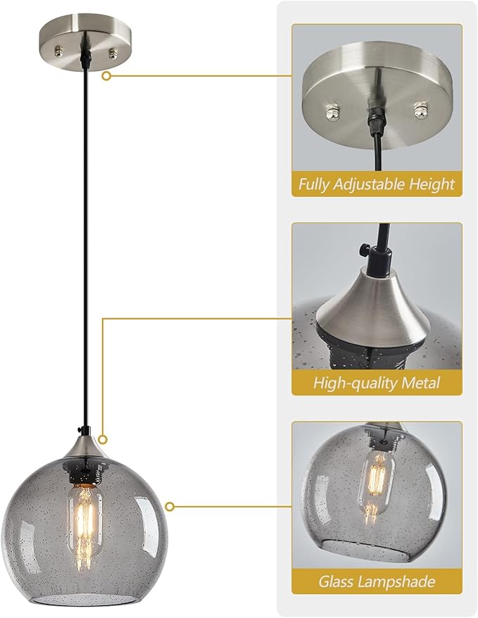 Light Grey Glass Pendant Lights Kitchen Island Lighting Globe Pendant Light Fixtures Modern Pendant Lighting for Bedroom Living Dining Room Light Fixture (7.87 in, 2 Pack)