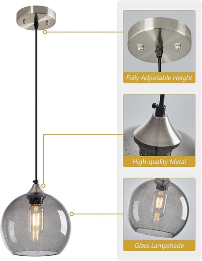 Light Grey Glass Pendant Lights Kitchen Island Lighting Globe Pendant Light Fixtures Modern Pendant Lighting for Bedroom Living Dining Room Light Fixture (7.87 in, 2 Pack)