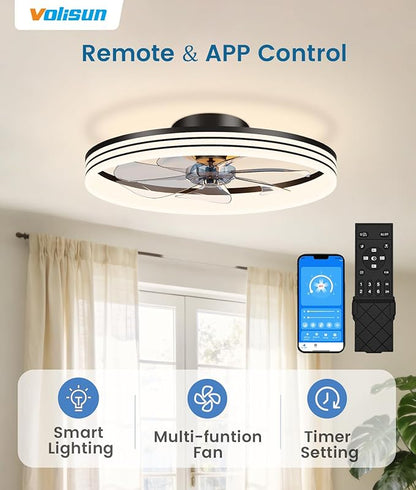 VOLISUN Low Profile Ceiling Fans with Lights and Remote, 20in Flush Mount Ceiling Fan with Light, 3000K-6500K Dimmable Fandelier LED Fan Light, Black Bladeless Ceiling Fans with Lights for Bedroom