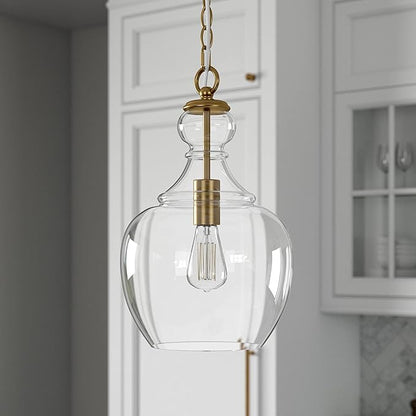 Henn&Hart 11" Mid-Century Modern Pendant Light Fixture with Clear Glass Dome Shade and 6' Adjustable Cord for Kitchen Island, Dining Room or Game Room, Brass