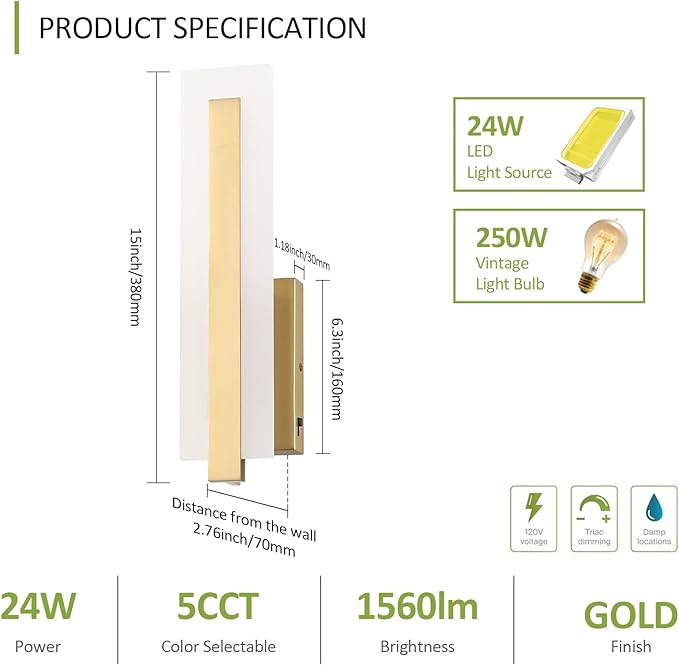 Tipace Hardwired Gold Dimmable Modern LED Wall Sconce 2 Packs 3000K 3500K 4000K 5000K 6000K Indoor Wall Lights Up and Down Wall Mount Light for Living Room Bedroom Hallway Corridor(5CCT)